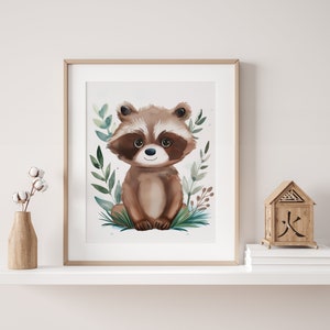 Stampa artistica di procione / Decorazione murale per bambini e neonati / Stampa di procione carina / Stampa Cottagecore / Decorazione per la cameretta dei bambini / Regali per neomamme / Regali per neonati
