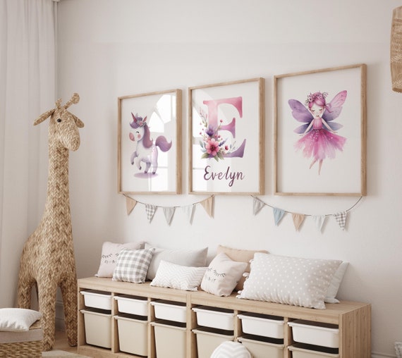 Custom Purple and Pink Wall Prints Purple Print Set of 3 Girl Room Decor Fairy Wall Art Fairy and Unicorn Art Digital Nursery Artwork