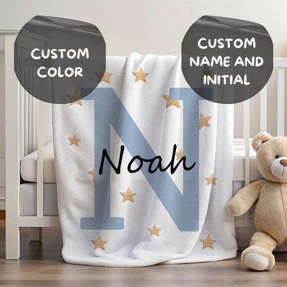 Monogrammed Blanket for Kids | Blanket with Monogram | Yellow Stars Blanket | Blanket with Blue Name | Blanket Stars | Cute Pattern Blanket
