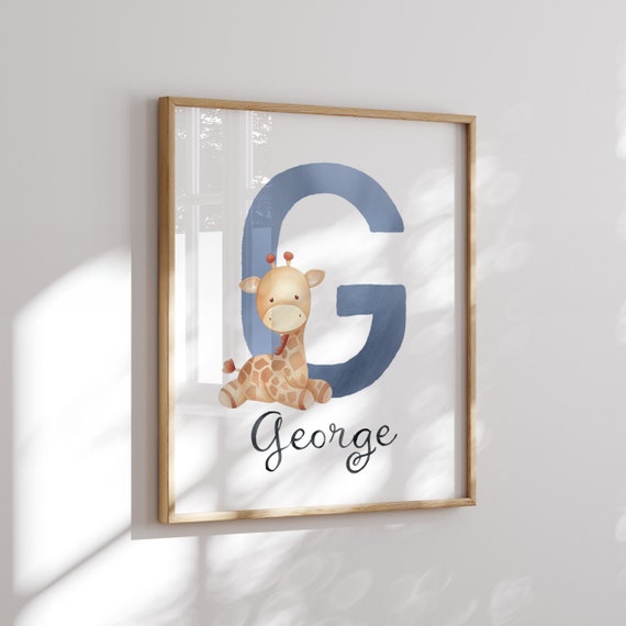 Custom Giraffe Gift - Blue Name Sign - Cute Giraffe PNG - Giraffe Wall Art - Giraffe Print - Giraffe Baby Gift - Blue Wall Art - Custom Kids