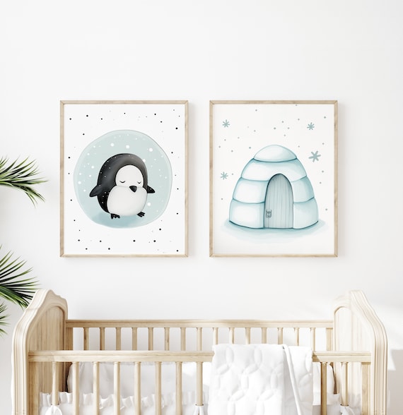 Penguin Art Print - 2 Printable Set of a Penguin and Igloo - Babies, Preschoolers and Kids Wall Art Decor - Instant Digital Download