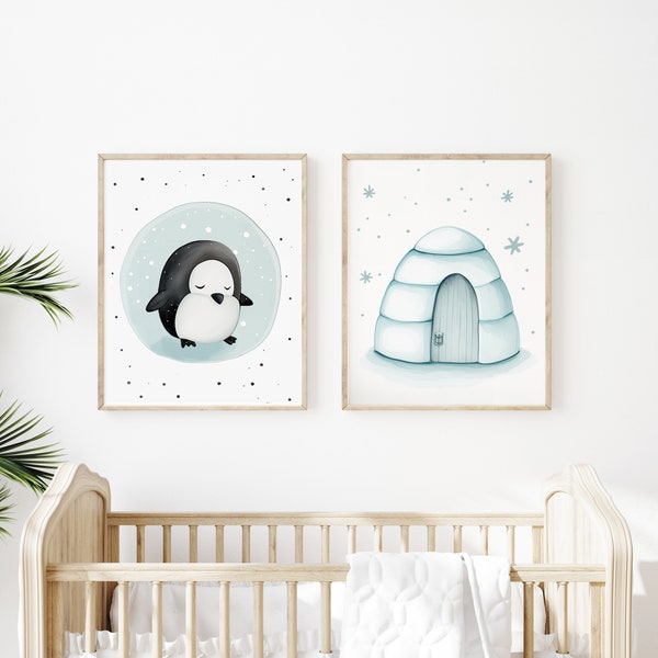 Pinguin Art Print - 2 druckbares Set Pinguin und Iglu - Baby, Vorschulkinder und Kinder Wand Dekoration - Sofortiger digitaler Download