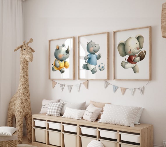 Nursery Sports Decor - Rhino Playing Basketball, Hippo Playing Soccer and Elephant Playing Football Posters