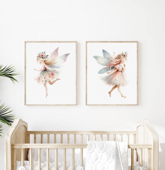 Fairy Art Decor - Set of Two Cute Fairies for Babies and Kids - Nursery Artwork - Wall Art Printable Download - Set of 2