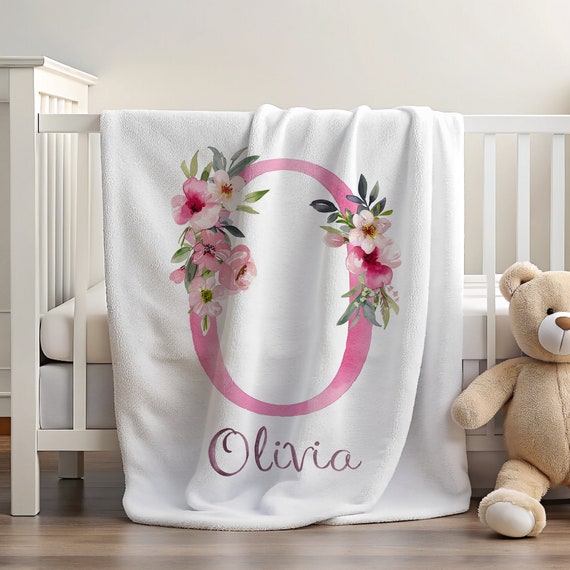 Custom Floral Blanket | Pink Blanket | Blanket with Letter | Name Blanket for Kids | Custom Initial Blanket | Girl Room Decor Toddler