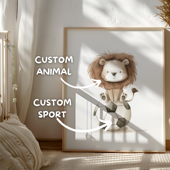 Custom Animal Poster - Personalized Soccer Wall Art - Lion Nursery Wall Decor - Animal Sports Nursery Decor - Toddler Room Art Prints