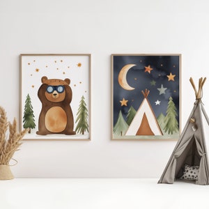 Camping Nursery Print Set - Binoculars Bear and Starry Night Tent - Nursery Wall Art Poster - Printable Download - Set of 2
