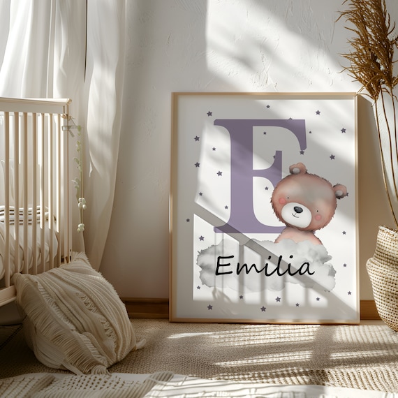 Monogram Print for Nursery Personalized Name Sign Custom Baby Gift Kids Room Decor Purple Bear PNG Purple Nursery Decor Bear Monogram