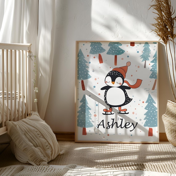 Custom Penguin Wall Art - Winter Nursery Decor - Ice Skating Artwork - Monogrammed Penguin - Winter Theme Art - Penguin for Kids Room