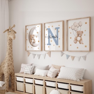 Juego de 3 impresiones de arte de pared de guardería de oso de peluche personalizado / Nombre personalizado oso de peluche decoración de guardería / Decoración de guardería para niños / Nube, luna, globo