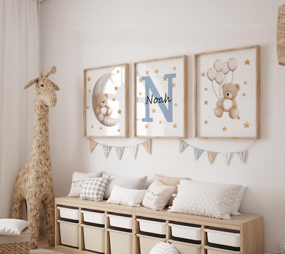 Set of 3 Custom Teddy Bear nursery wall art print| Personalized name Teddy bear Nursery Decor| Nursery Child Kids Decor| Cloud, Moon, Ballon
