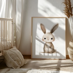 Nursery Bunny Rabbit Print, Woodland Nursery Wall Art Decor, Poster, Printable Instant Digital Download, Black and White Baby Forest Animal