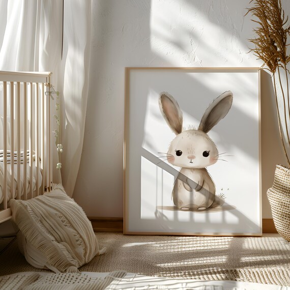 Nursery Bunny Rabbit Print, Woodland Nursery Wall Art Decor, Poster, Printable Instant Digital Download, Black and White Baby Forest Animal