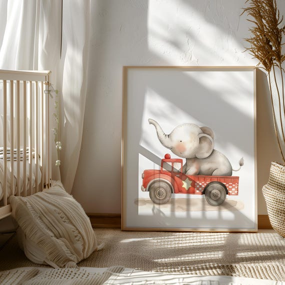 Elephant Firetruck Digital Download - Firetruck PNG - Fireman Toddler Art - Firetruck Poster for Kids - Children Room Art - Vehicle Theme