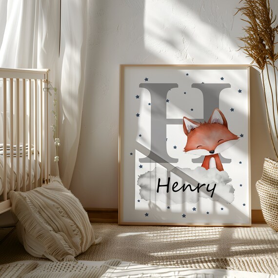Custom Nursery Name Sign Kids Room Art Toddler Room Prints Childrens Room Decor Fox Monogram Cute Fox Illustration Fox Name Sign