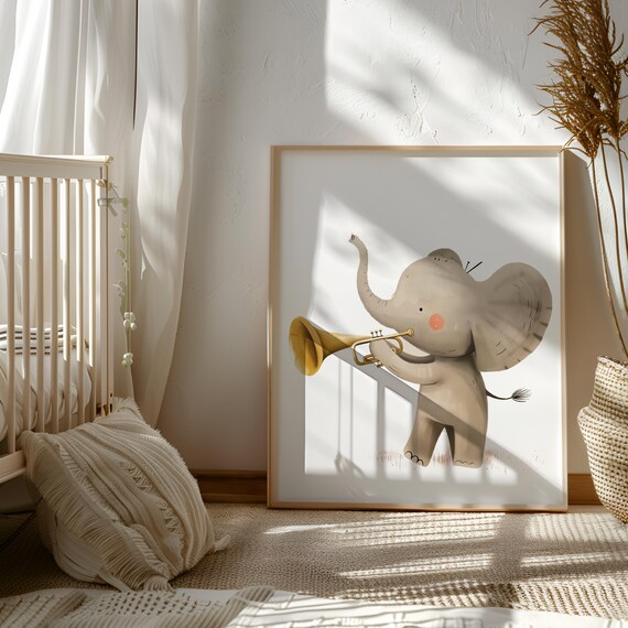 Trumpet Elephant Artwork - Trumpet Instrument Art - Trumpet Player Gift - Instruments Nursery Theme - Wall Art Music Baby - Baby Music Art