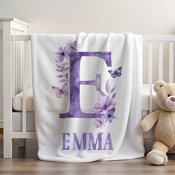 Custom Butterfly Blanket - Girl Blanket with Name - Butterflies and Flowers - Purple Baby Blanket - Butterfly Monogram - Purple Monogram