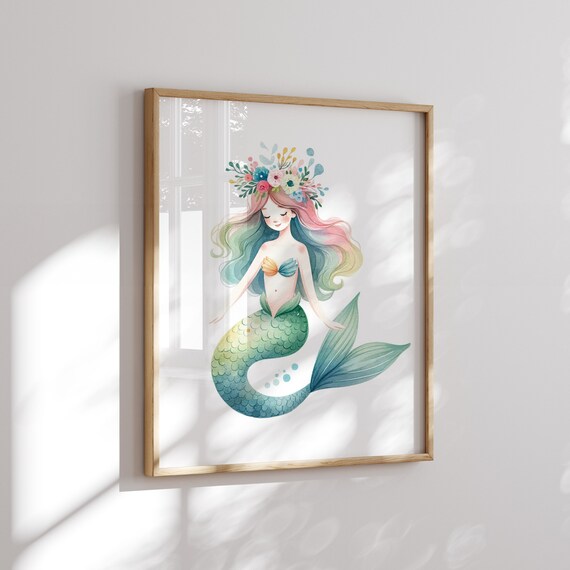 Mermaid Poster - Nursery Room Wall Art Print - Gifts for Newborns, Babies, Toddlers, Children
