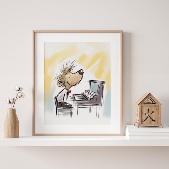 Dog Playing Piano Wall Art for Nursery - Unframed Poster - Musical Animals Theme - Cute Gift for Newborns