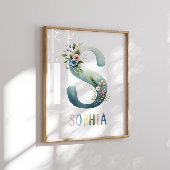 Nursery Name Sign Girl | Initial Letter Flower | Initial and Name Sign | Floral Poster Wall Art | Custom Girl Gifts | Girl Name Sign