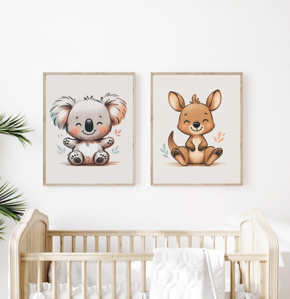 Cute Kangaroo and Koala Nursery Art Set of Two Digital Download, Kangaroo poster, Koala Wall Art, Koala and Kangaroo Pair, Cute Gift Nursery