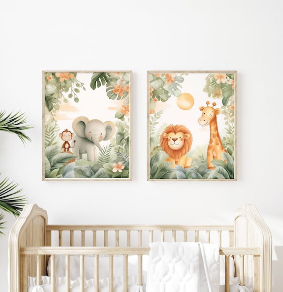 Safari Nursery Decor - Two Digital Posters - Monkey, Elephant, Lion and Giraffe - Wall Art for Toddlers and Kids Room - Instant Download