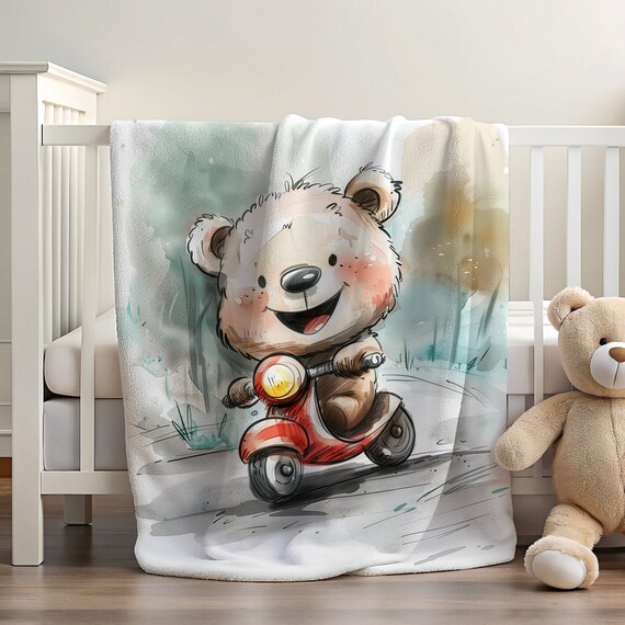 Bear Driving Bike Blanket | Bear Blanket | Bike Blanket | Blanket for Toddler | Bear Decor | Kids Room Decor | Bear Decoration