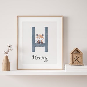 Letrero con nombre de bosque - Impresión de zorro tierno - Arte de pared bohemio - Arte digital con nombre - Descarga de impresiones - Letrero con nombre para habitación de niño - Impresión de zorro bebé