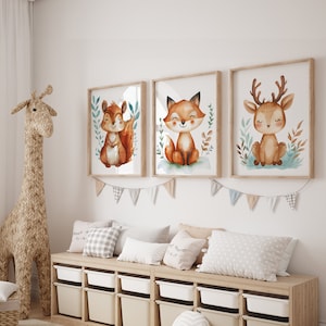 Woodland Animal Nursery Prints | Cottagecore Nursery Art | Forest Animal Art | Nursery Gallery Wall | Squirrel Fox Deer | Set of 3