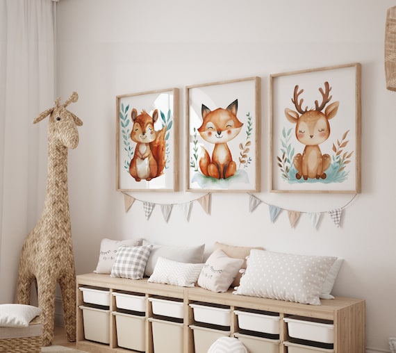 Woodland Animal Nursery Prints | Cottagecore Nursery Art | Forest Animal Art | Nursery Gallery Wall | Squirrel Fox Deer | Set of 3