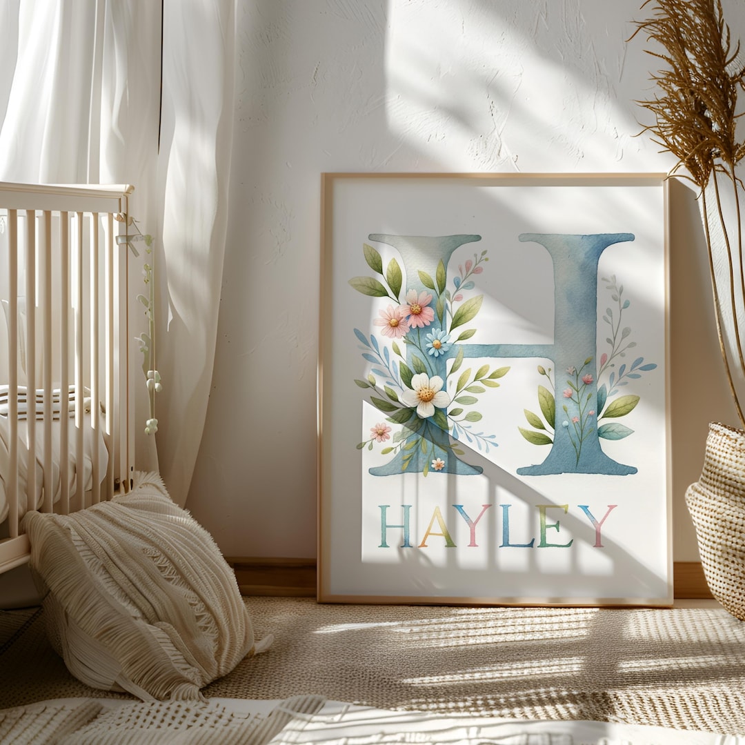 Personalized Floral Initial Nursery Wall Art, Watercolor Monogram Name ...