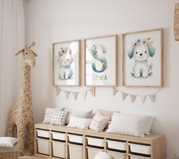 Cat and Dog Wall Art | Puppy Nursery Decor | Kitten Wall Decor | Nursery Decor with Name | Initial Nursery Wall Art | Kids Room Sign