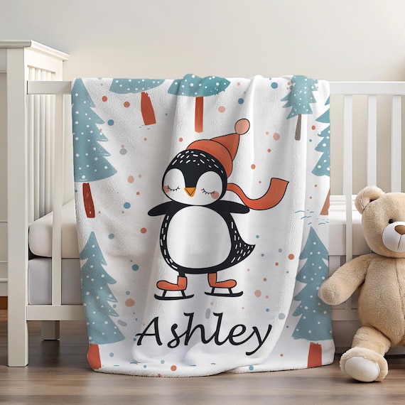 Personalized Penguin Blanket for Children, Custom Ice Skating Theme Gift, Penguin Lover Gift, Ice Skating Blanket, Winter Theme Blanket