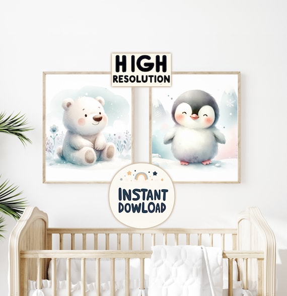 Polar Bear and Penguin Print Set - Arctic Animal Printable Set - Wall Art for Babies and Kids - Instant Download