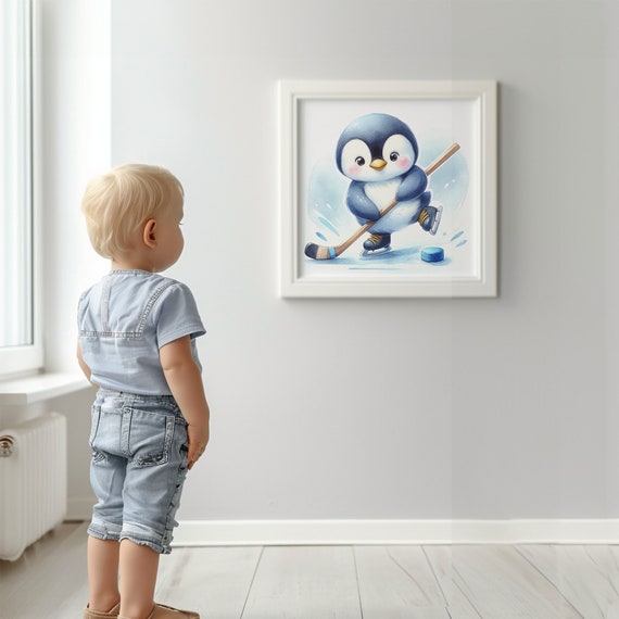 Cute Penguin Playing Hockey Artwork - Kids Room Decoration - Fun Room Decoration Gifts for Expecting and New Parents