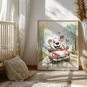 Kinderkamerdecoratie hond rijdende auto | Auto kinderkamerafdrukken | Rijdende auto met dieren | Neutrale prints | Muurkunst kinderkamer | Decoratie voor kinderen