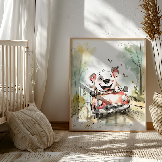 Dog Driving Car Nursery Decor | Car Nursery Prints | Animal Driving Car | Neutral Prints | Kids Room Wall Art | Decor for Kids
