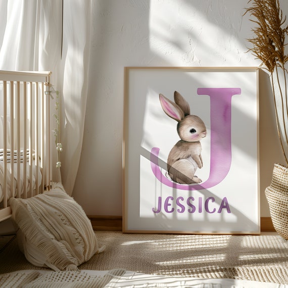 Custom Bunny Wall Art | Name Sign Nursery Girl | Bunny with Name | Toddler Girl Prints | Initial Wall Decor | Baby Wall Name