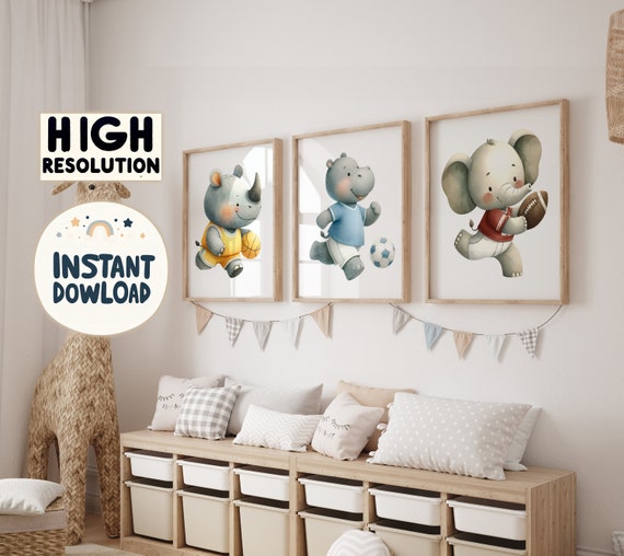 Animals Playing Sports Prints - Football Elephant, Basketball Rhino and Soccer Hippo - 3 Posters for Kids Room - Instant Download