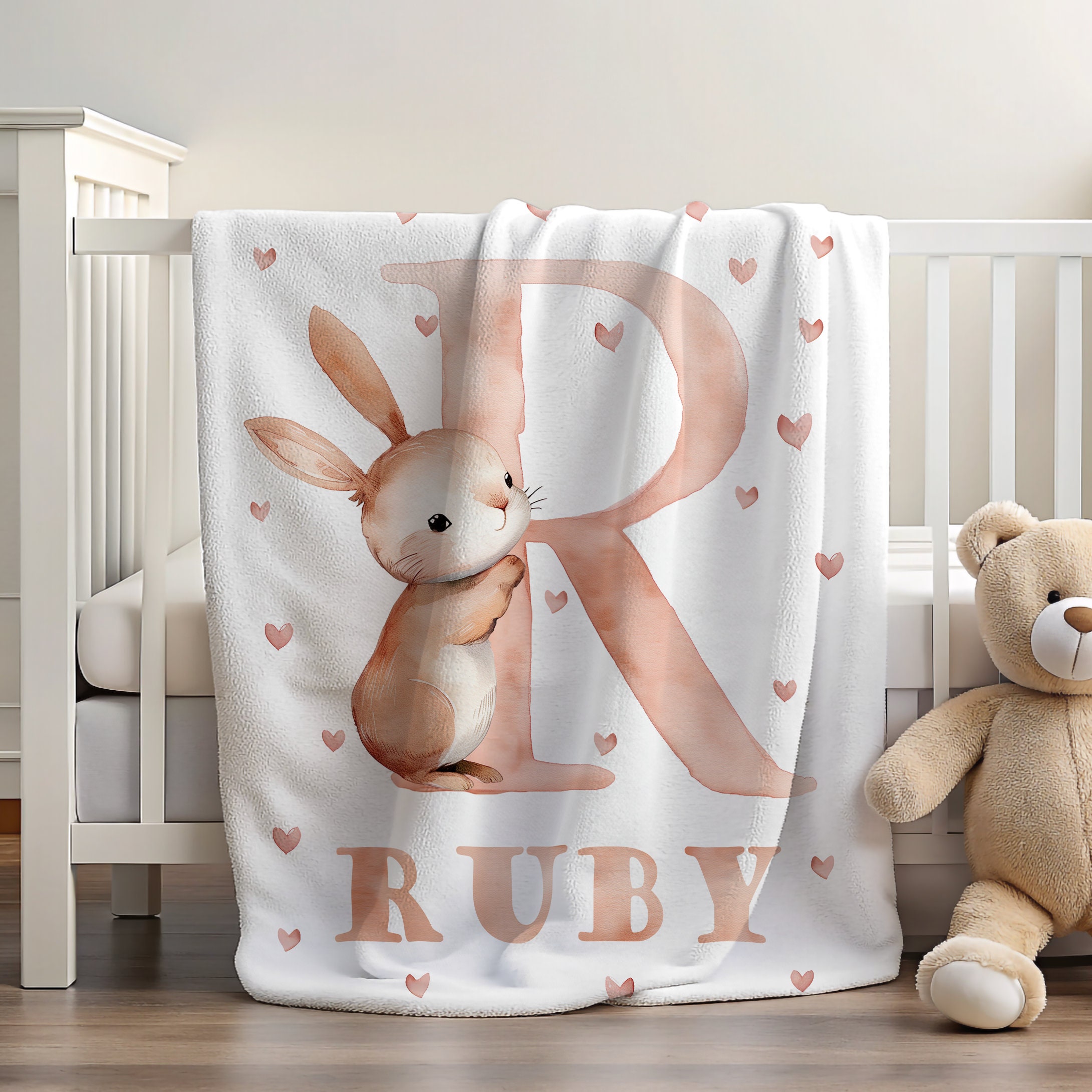 Custom Name Blanket for Kids Bunny Blanket Rabbit Blanket Pink Blanket with Animals Bunny Gift for Girls Blanket Pink Gifts for Toddler Girl