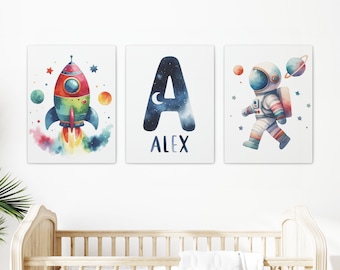 Space Nursery Stretched Canvas | Custom Canvas Artwork | Kid Initial Wall Art | Galaxy Nursery Decor | Spaceship Astronaut Art | Set of 3