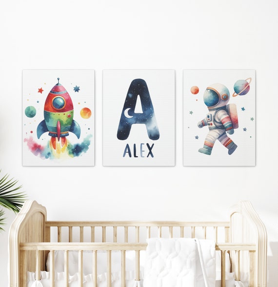Space Nursery Stretched Canvas | Custom Canvas Artwork | Kid Initial Wall Art | Galaxy Nursery Decor | Spaceship Astronaut Art | Set of 3