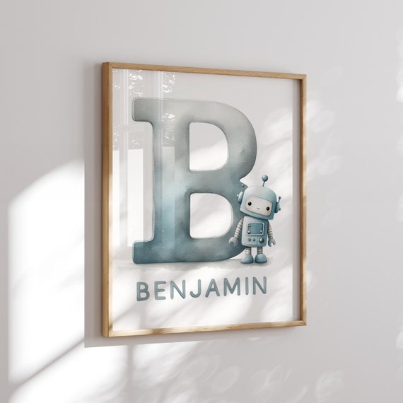 Monogram Printable Wall Art - Robot Printable - Personalized Nursery Decor - Ideas for Kids Who Love Robots, Science and Sci-Fi