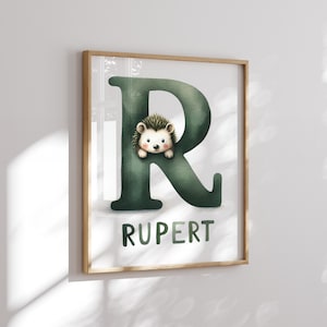 Lámina de erizo con inicial y nombre personalizados - Bonito póster sin marco para bebés y niños - Decoración de habitación infantil