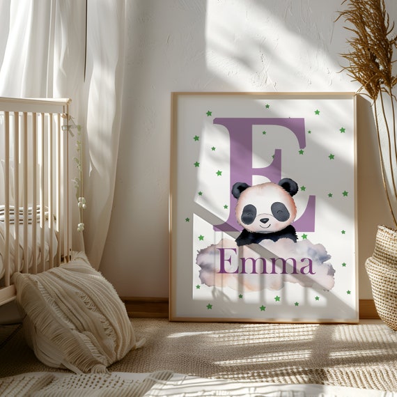 Custom Sign for Kids Panda Baby Gift Panda Poster Panda Printable Nursery Wall Art Purple and Green Prints Panda Decor Kids Room Decor
