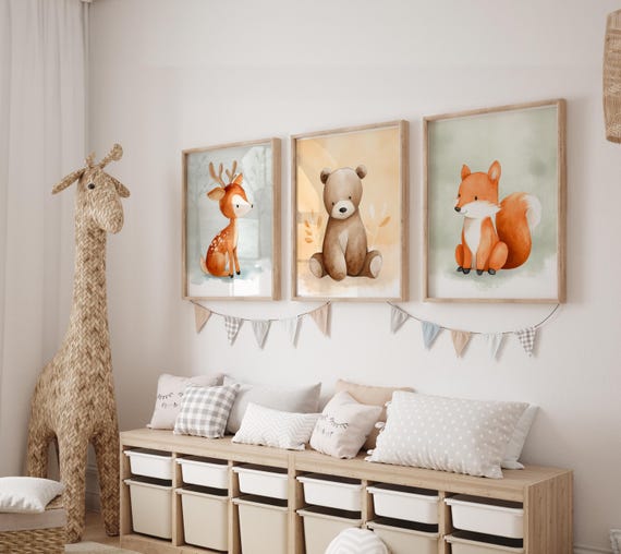 Woodlands Nursery Prints - Gender Neutral Wall Art, Forest Animal Digital Download Set of 3 - Bear, Fox & Deer Kids Room Decor