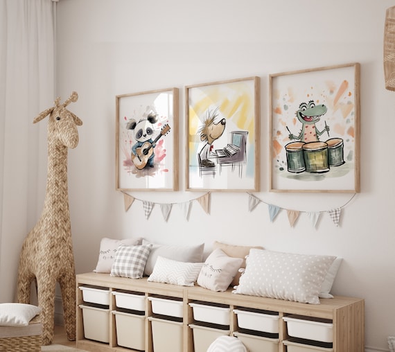 Cute Animals Playing Music - Nursery Artwork - Drums Crocodile, Piano Dog, Guitar Panda - 3 Wall Art Printable Files