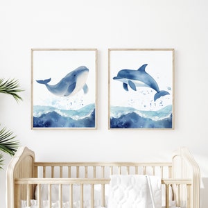 Pósteres de animales marinos - Dos impresiones digitales - Ballena y delfín - Blanco y azul - Descarga inmediata