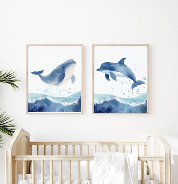 Marine Animal Posters - Two Digital Prints - Whale and Dolphin - White and Blue - Immediate Download