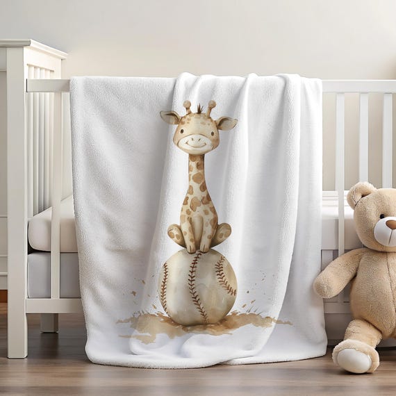 Giraffe Baseball Blanket | Blanket with Giraffe | Baseball Theme Blanket | Gift for Baseball Lover Kid | Baby Boy Blanket | Toddler Boy Gift